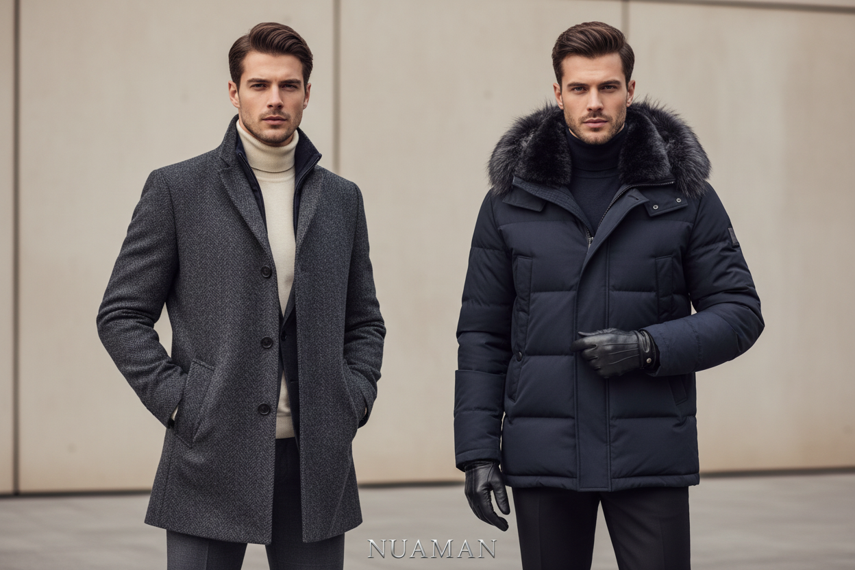 Dos hombres elegantes con abrigos de invierno